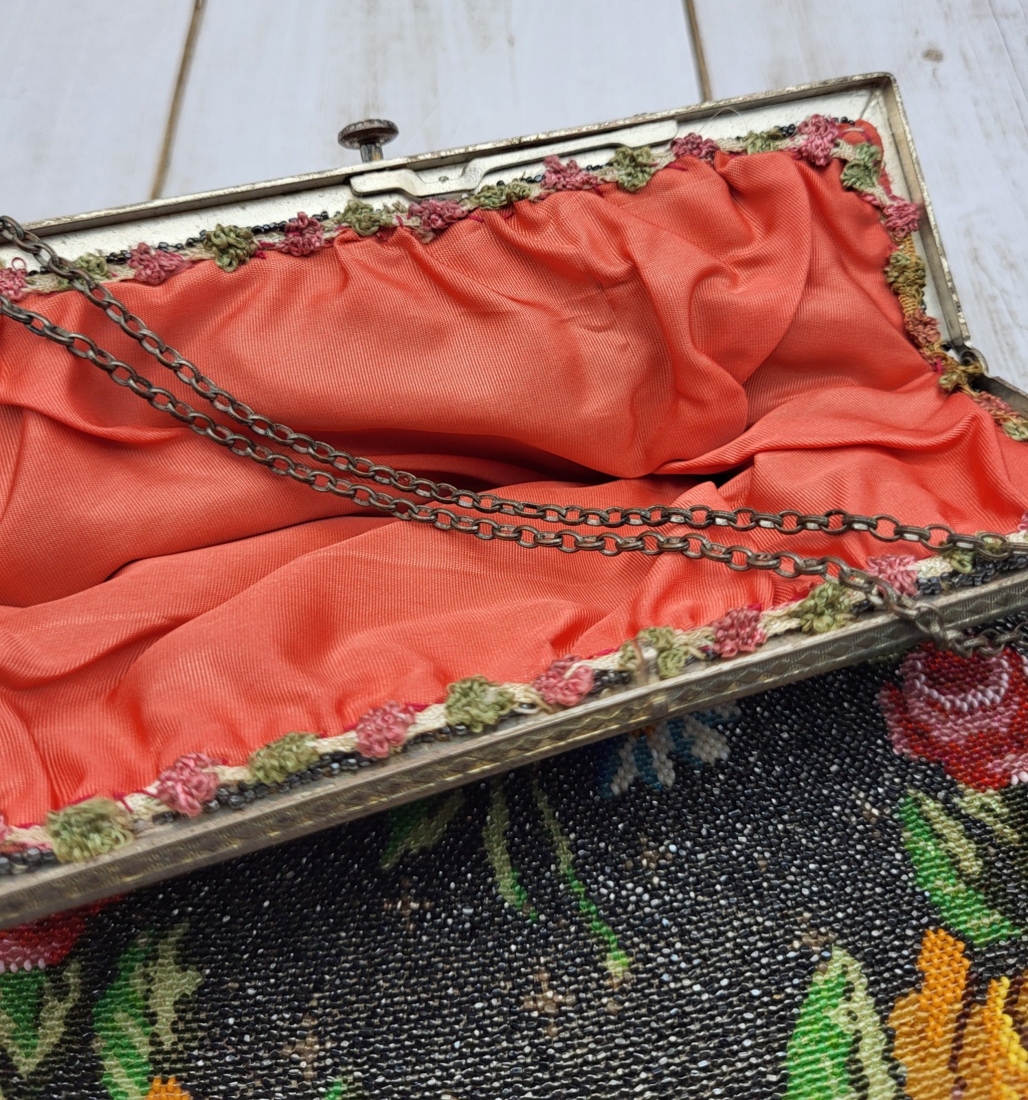 Large 13″ Antique Art Nouveau Floral Beaded Purse Handbag