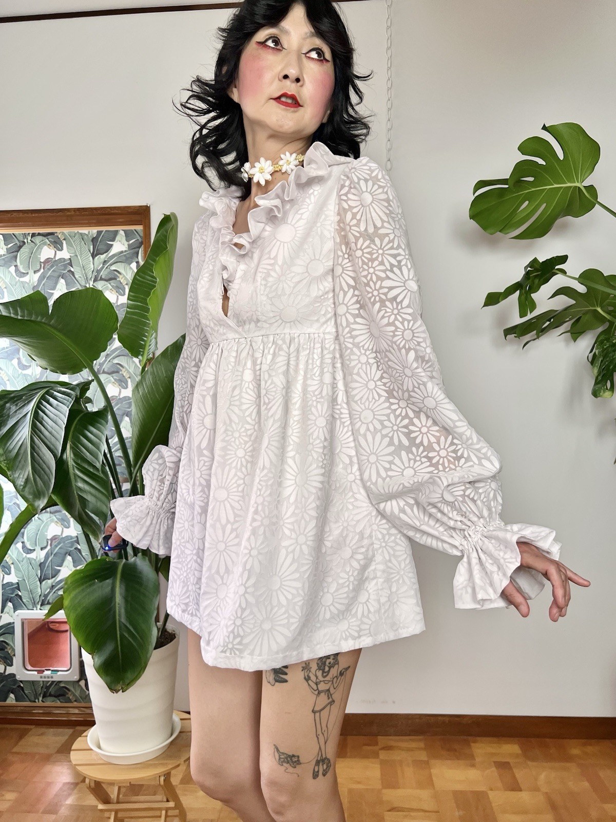 60s Mod Flocked Daisy Mesh Babydoll Mini Dress Sheer Balloon Sleeve Wedding XS/S