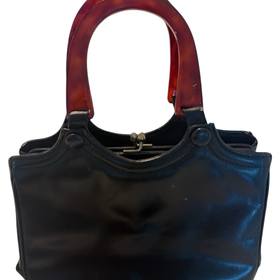 Vintage Dofan Black Leather Kiss Lock Purse Tortoiseshell Lucite Top Handle Bag