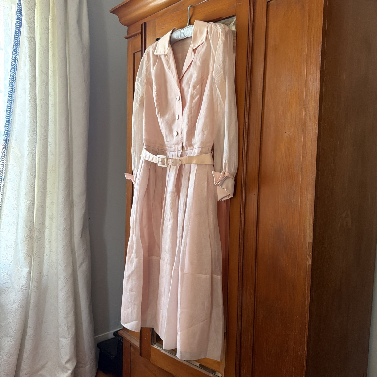 Vintage 1950s Elinor Gay Pink Chiffon Organza Button Up Belted Party Dress