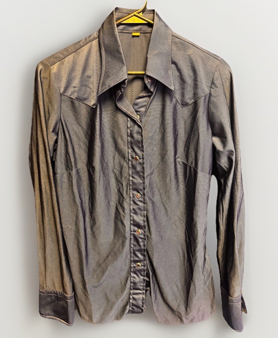 Vintage Pearl Snap Dark Blue Metallic Western Blouse No Tag Sheer Possible Large