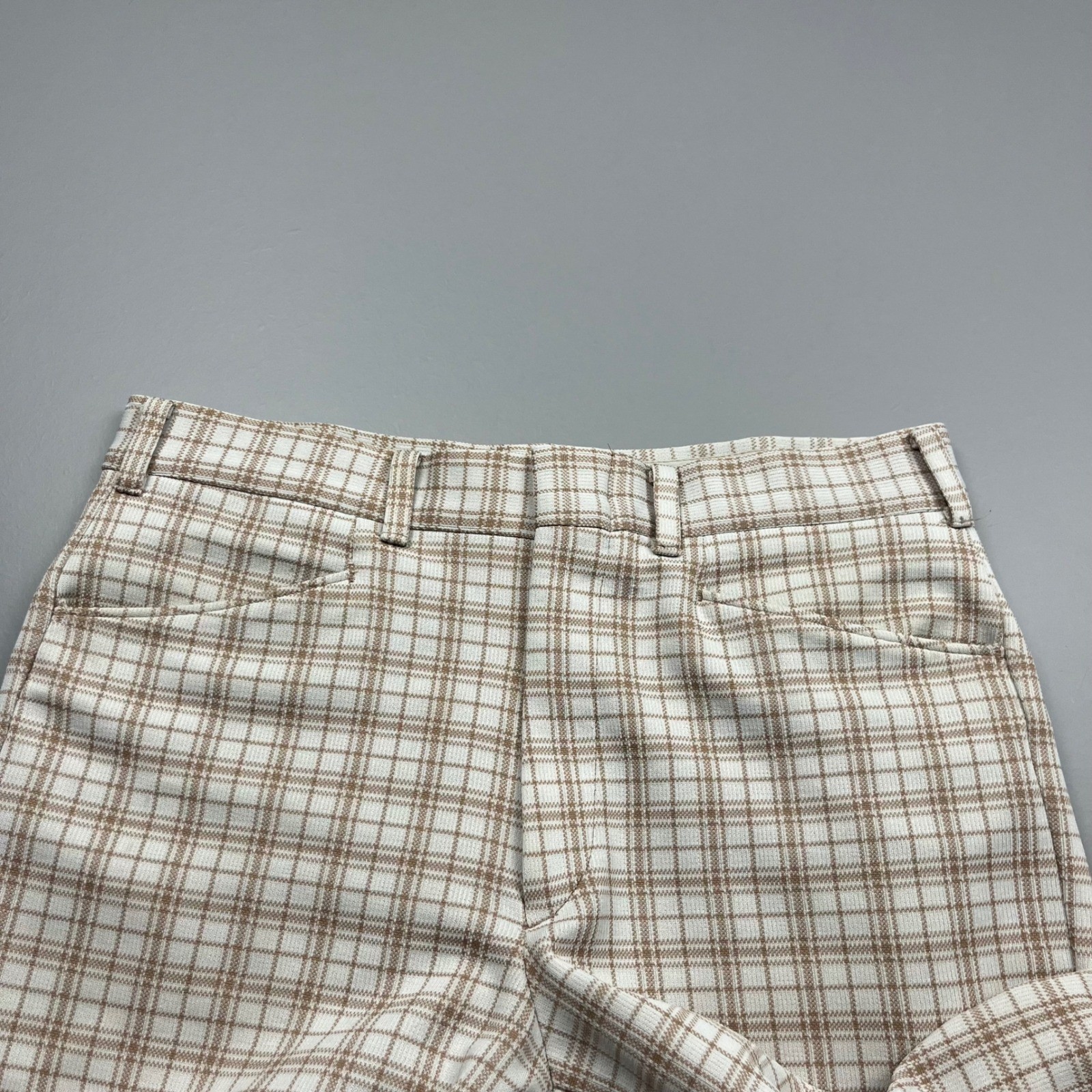 70s Sears Kings Road Trousers Mens 34 Long Tan Plaid Perma-Prest Flared Disco