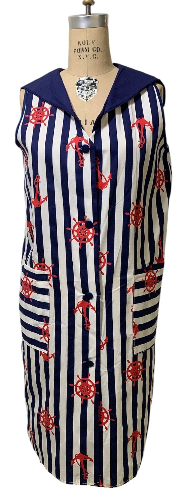Vintage 60s/70s Women’s Nautical Print Striped Sailor Collar Shift Dress Sz M/L