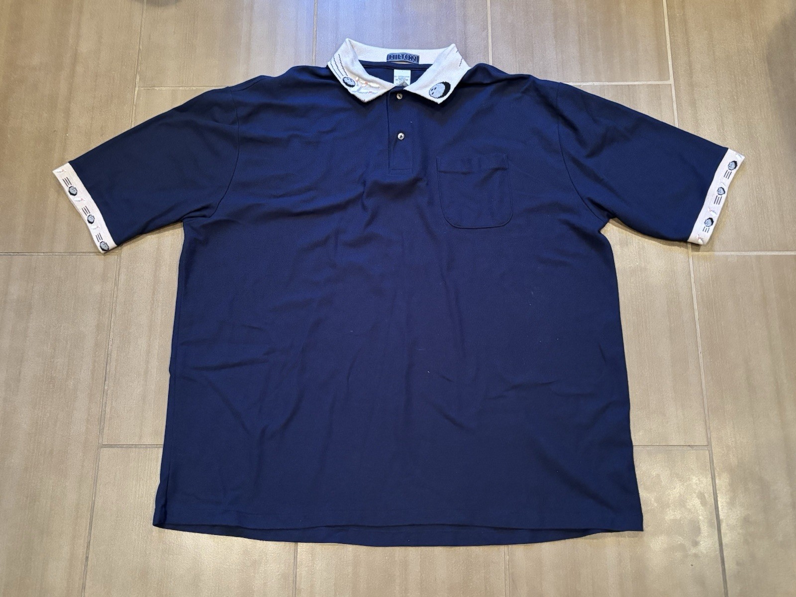 Vintage HILTON Bowling Shirt USA Rockabilly Button Up Polo Navy Blue Men’s 3XL