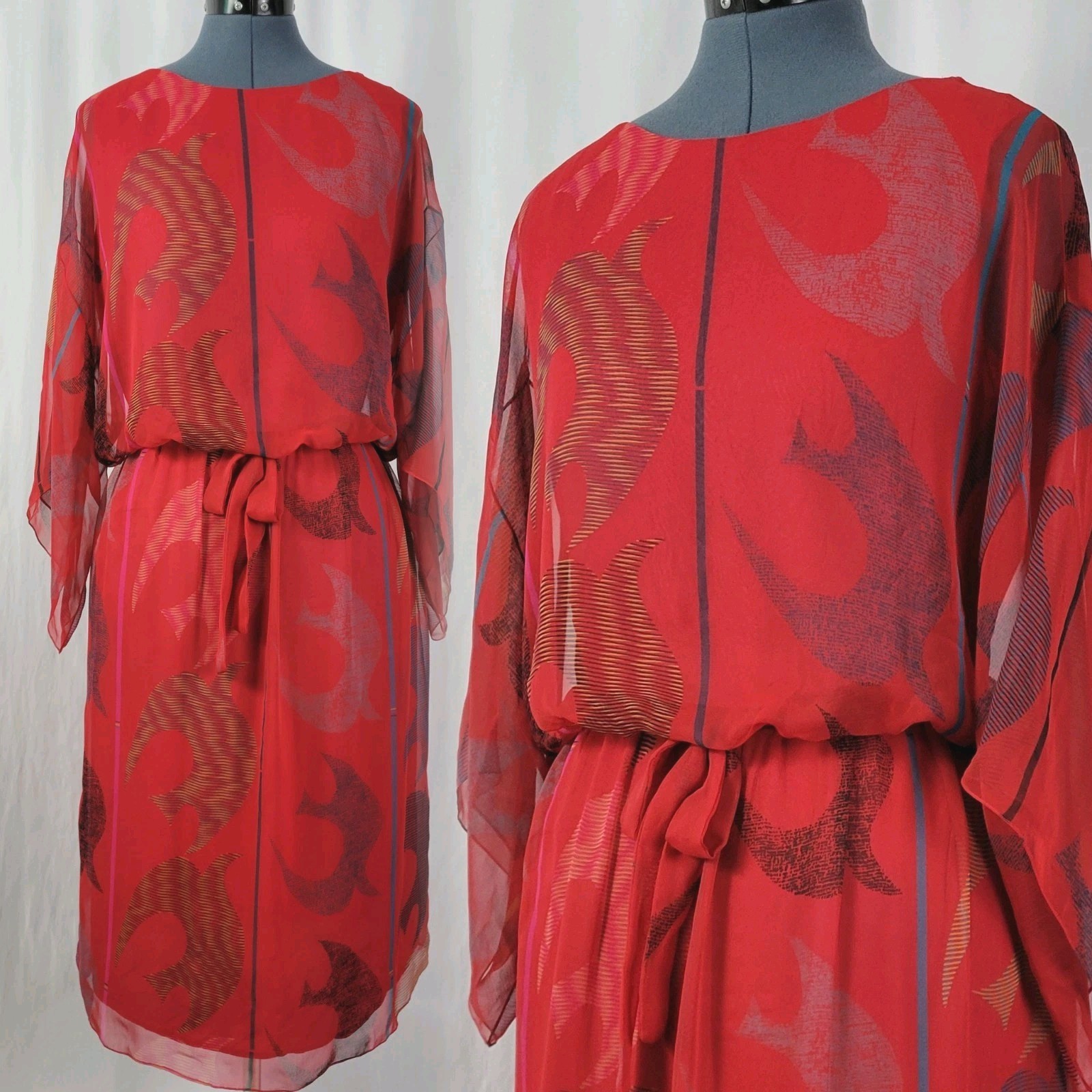 Vintage Miss Elliette Red Blouson Dress w Sheer Overlay & Tie Belt Size 12