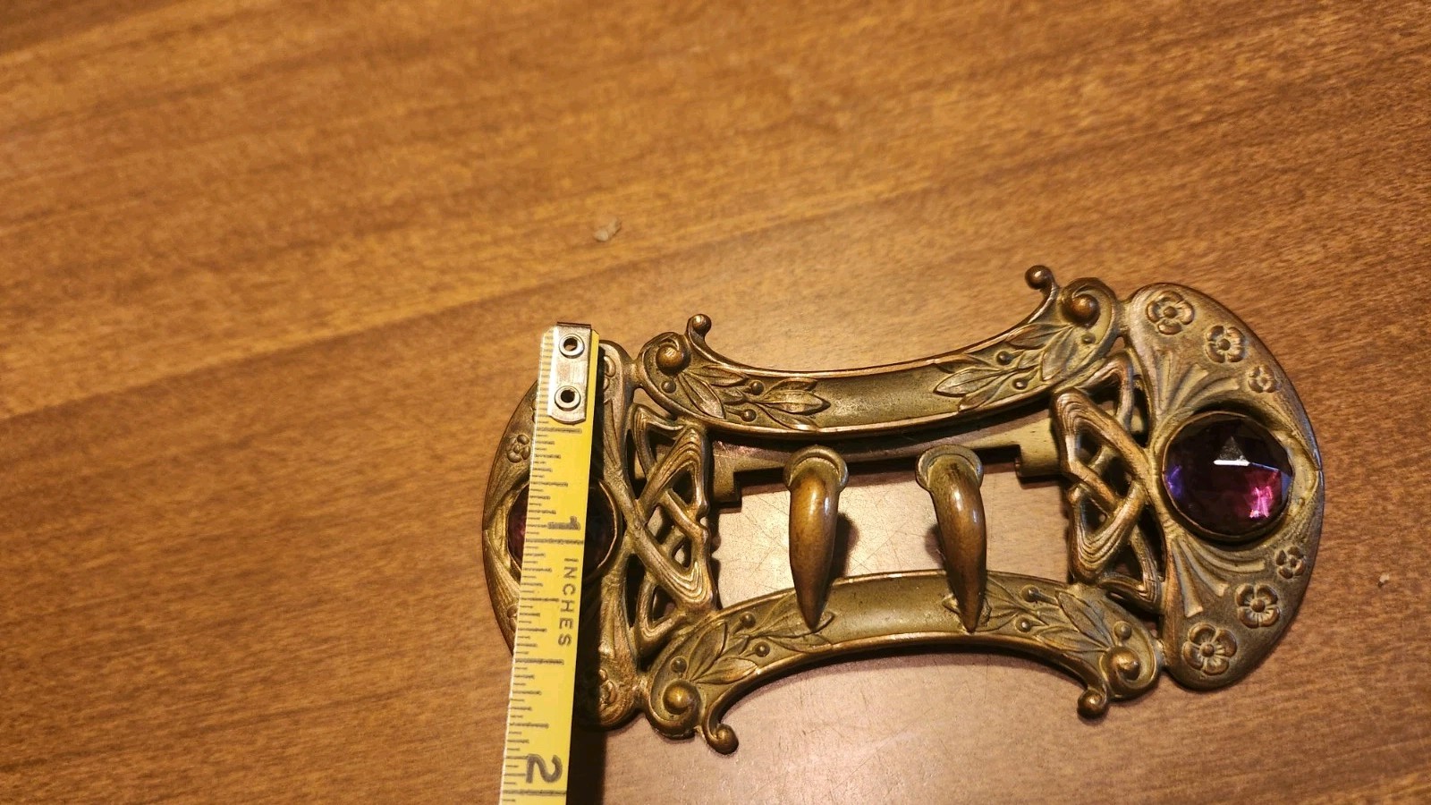 Antique Gold Tone Art Nouveau Belt Buckle w/ Purple Stones