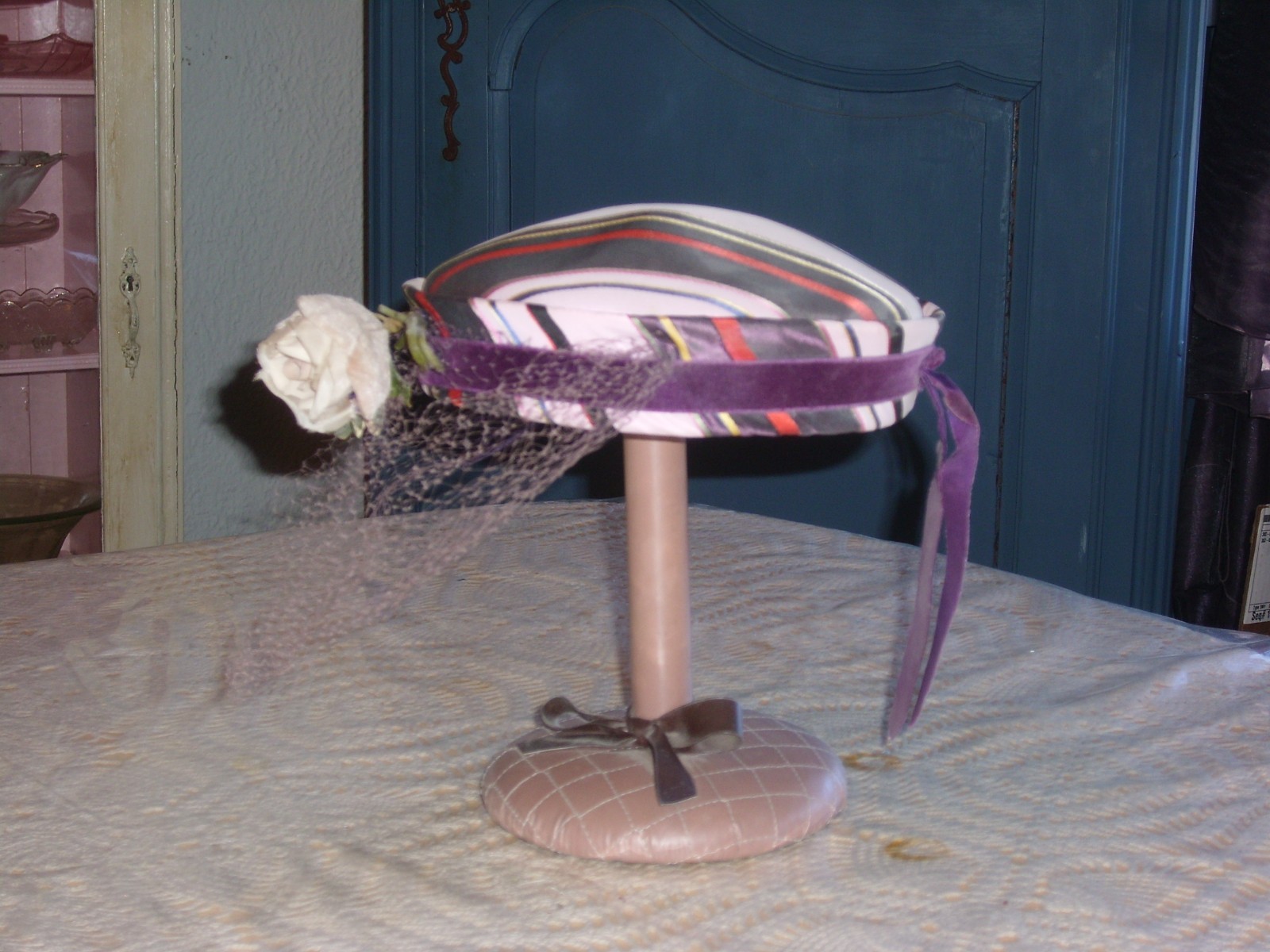 Vintage Pill Box Women’s Hat, Purple, Pink, Red Stripes! Flower and Ribbon Trim
