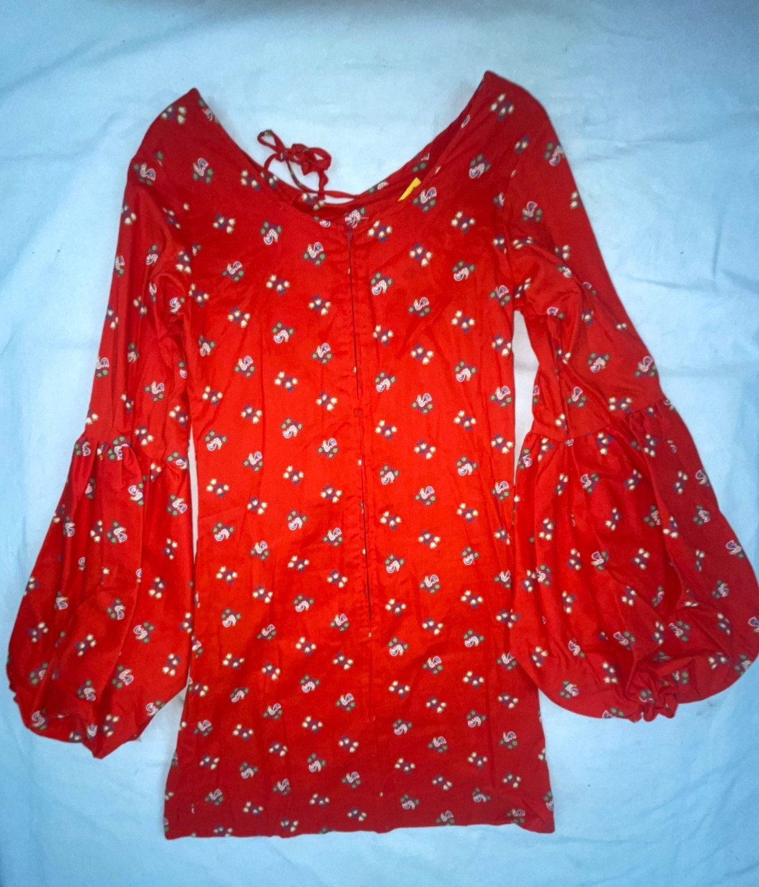 VTG 60s 70s WOMENS S NEW RED BELLE SLEEVE DISCO HIPPY ROOSTER CHICKEN MINI DRESS