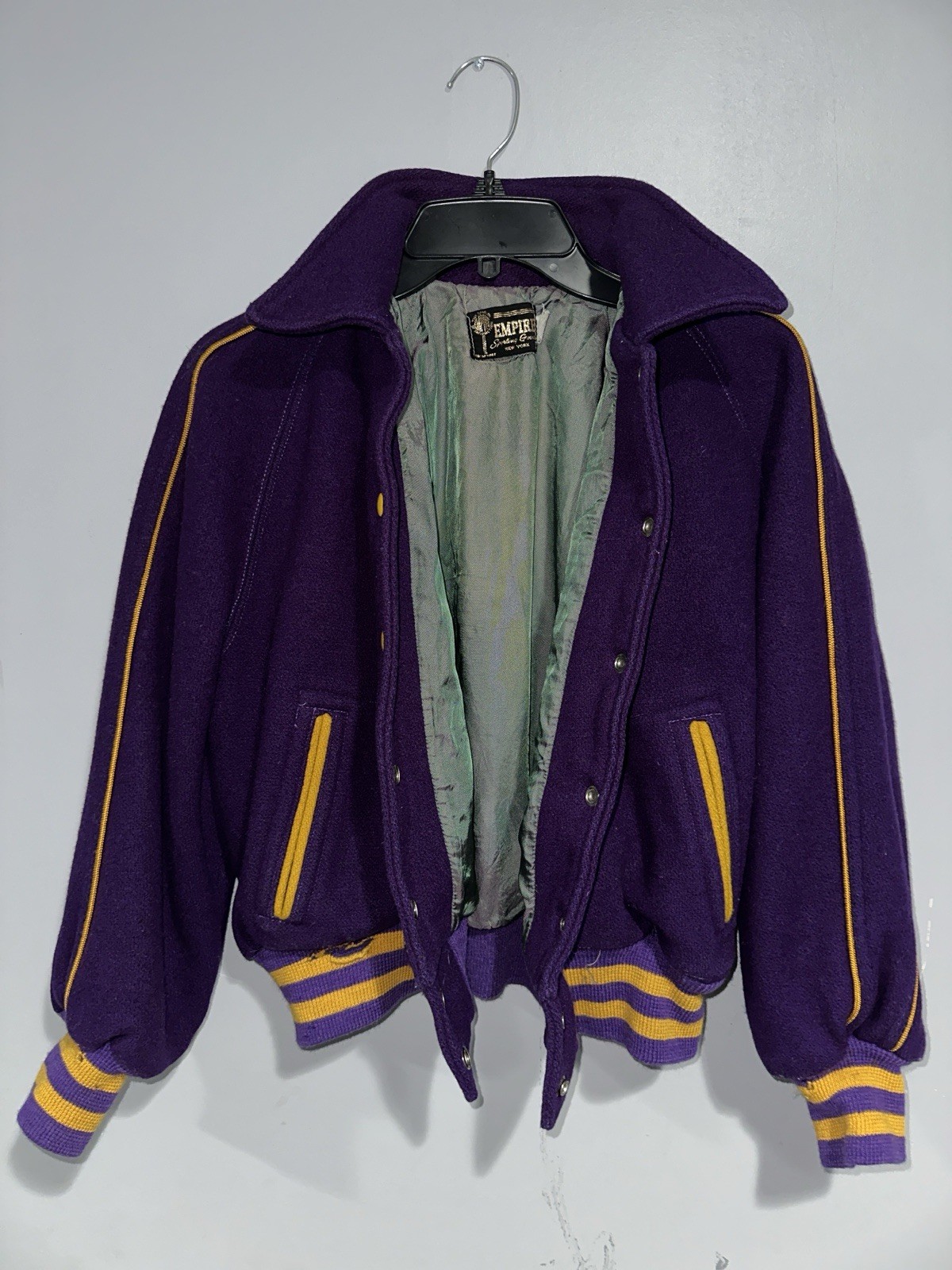 Vtg Empire Purple Wool Varsity Jacket Size 42 Shrunken Fits Men’s Small