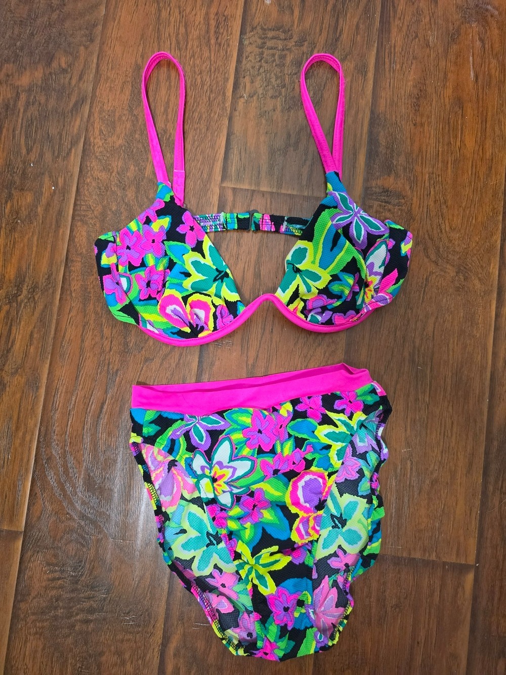 Vintage 80s/90s VENUS High Cut Neon Floral Bikini Medium/D Vacay Tropical