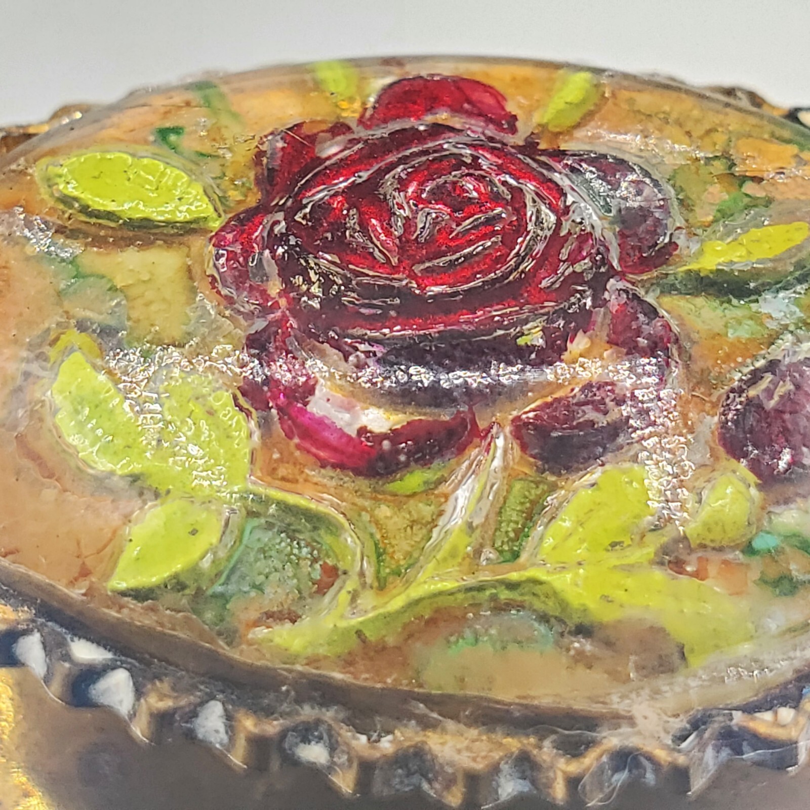 Vintage Czech Glass Belt Sash Buckle Reverse Painted Rose Goofus One Piece