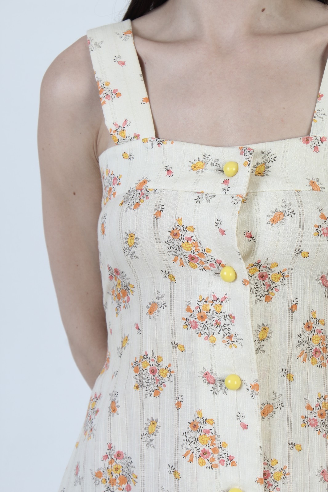 Vtg 70s Cream Floral Sundress Vertical Stripe Prairie Cottage Boho Hippie Dress
