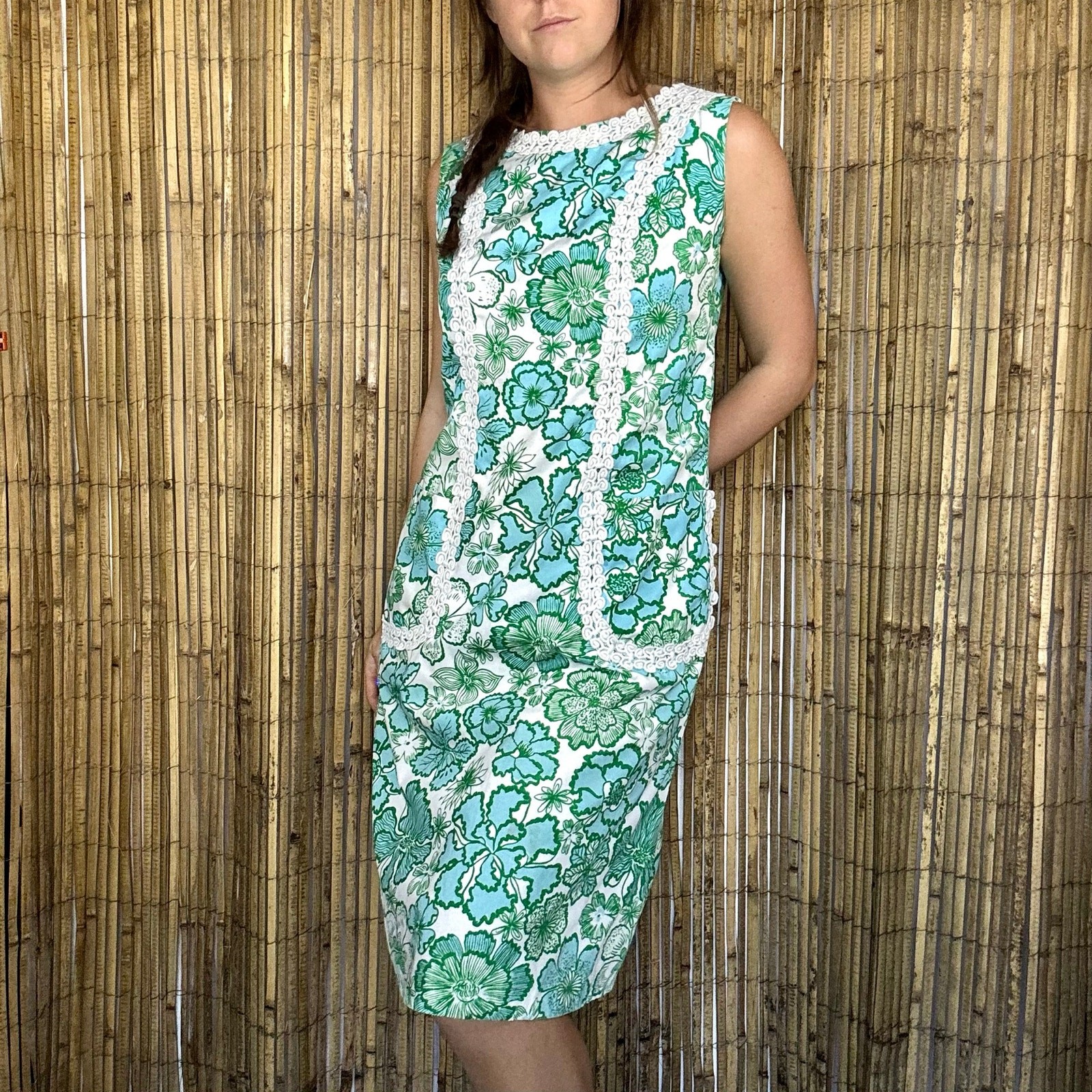 Vintage 60s Shifts Internationale of Miami Floral Shift Dress Blue Green Crochet