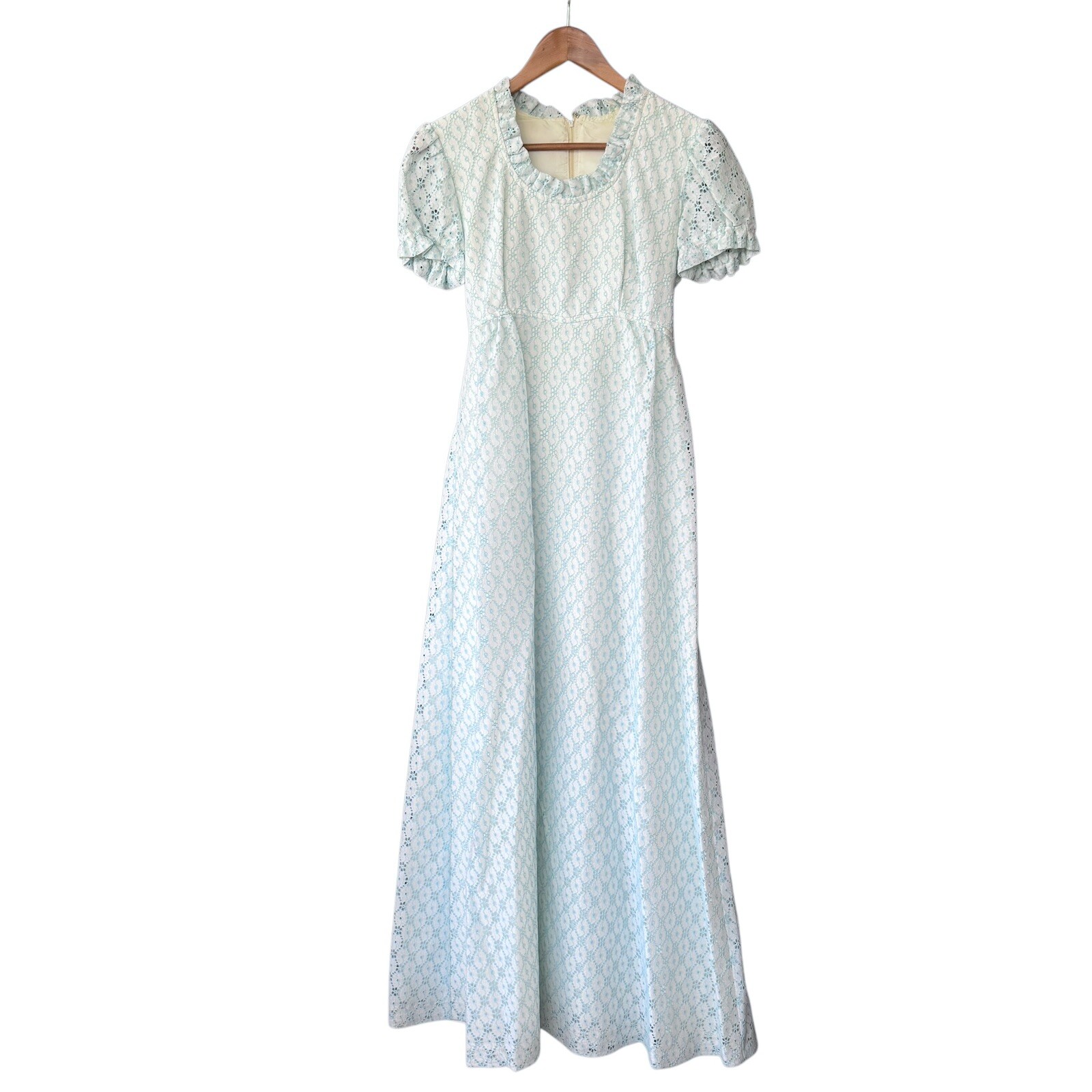 Vtg 70s Empire Waist Maxi Dress Aqua Blue Floral Lace Prom Bridesmaid XS S