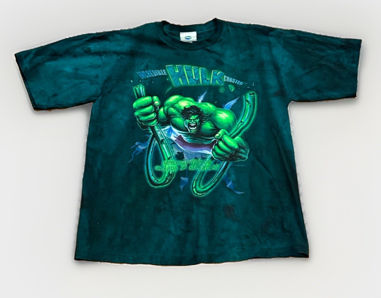 Vintage 90s Marvel Incredible Hulk Shirt L Roller Coaster Tie Dye Universal Rare