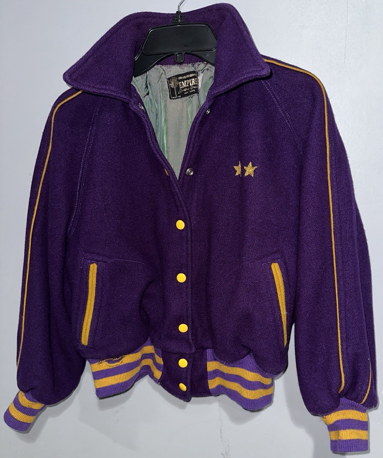 Vtg Empire Purple Wool Varsity Jacket Size 42 Shrunken Fits Men’s Small