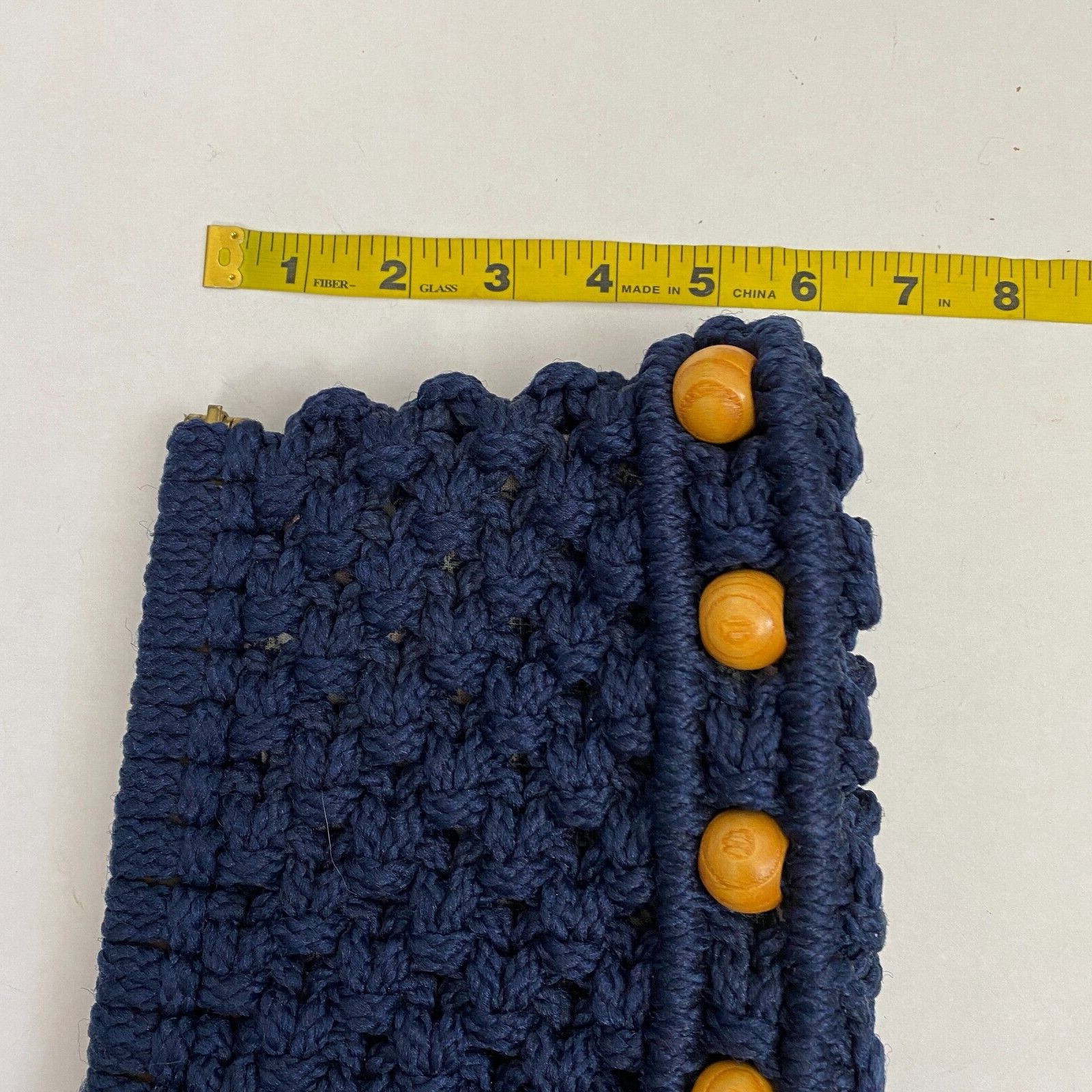 Vintage Woven Clutch Handbag Blue Rope Wooden Beads Lined