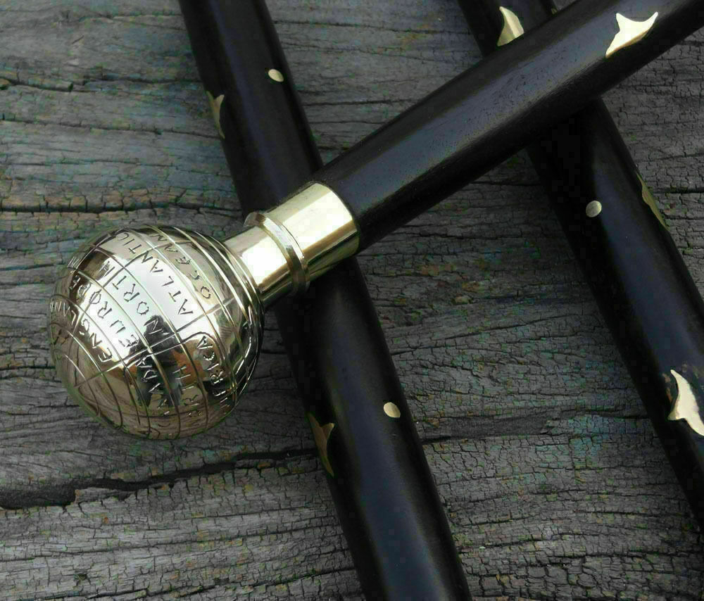 Nautical Design Brass Globe Head Handle Victorian Walking Stick Wooden Cane Gift