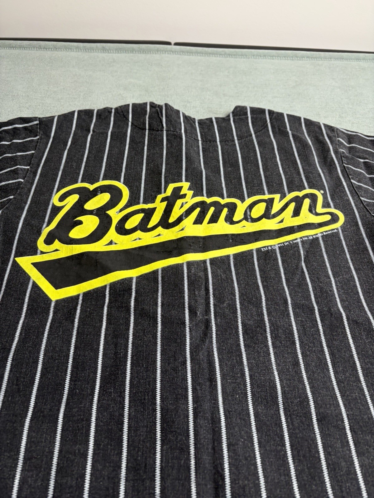 Batman 1991 Vintage Pinstripe RARE Shirt Baseball Style 24x17inches Sz 12Y