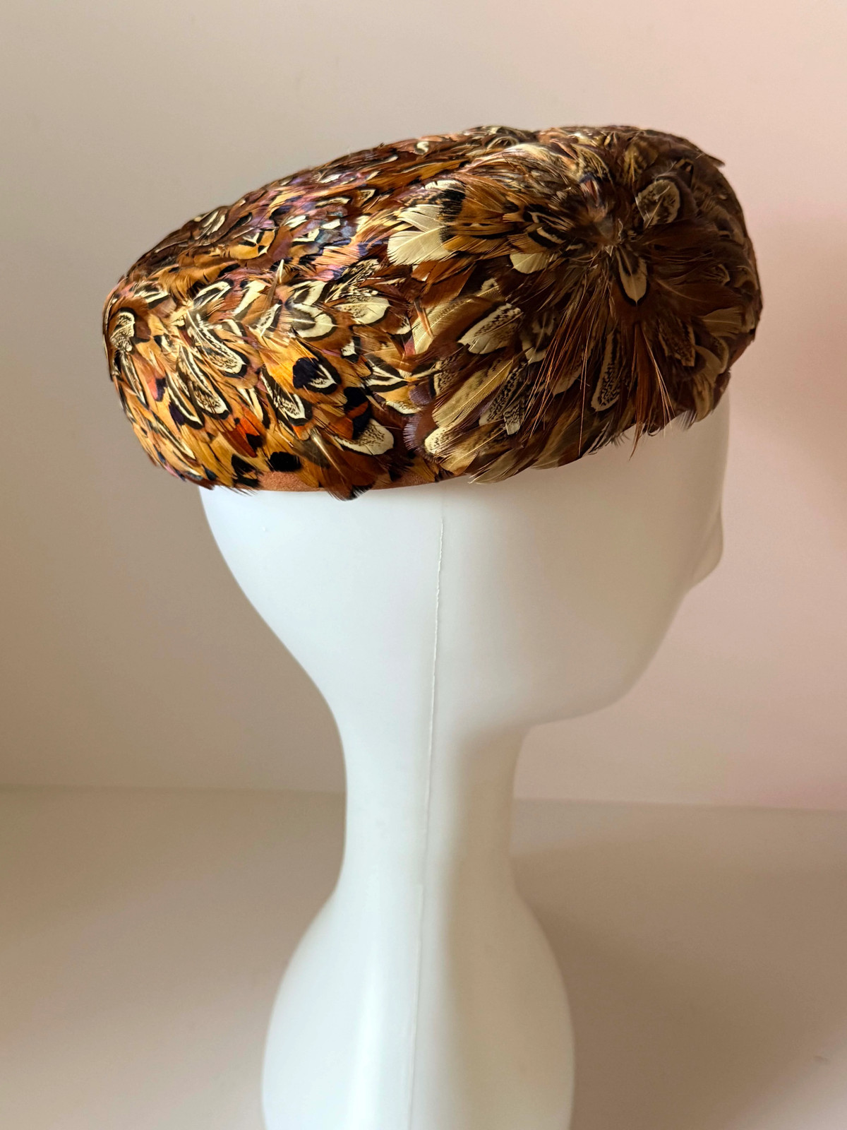 Vintage 1950s Pheasant Feather Pillbox Hat, Natural Feather Cocktail Hat, Brown