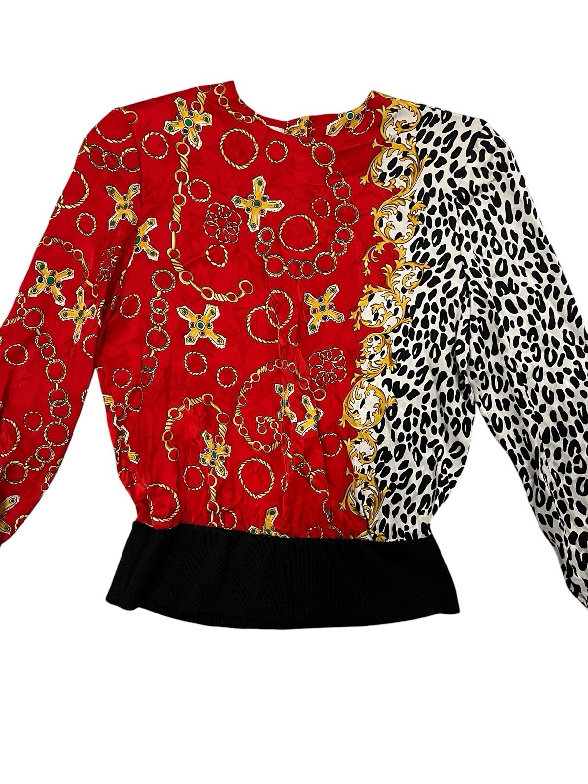 Vintage 90s Adrianna Papell 100% Silk Blouse L Red Baroque Animal Print Knit Hem