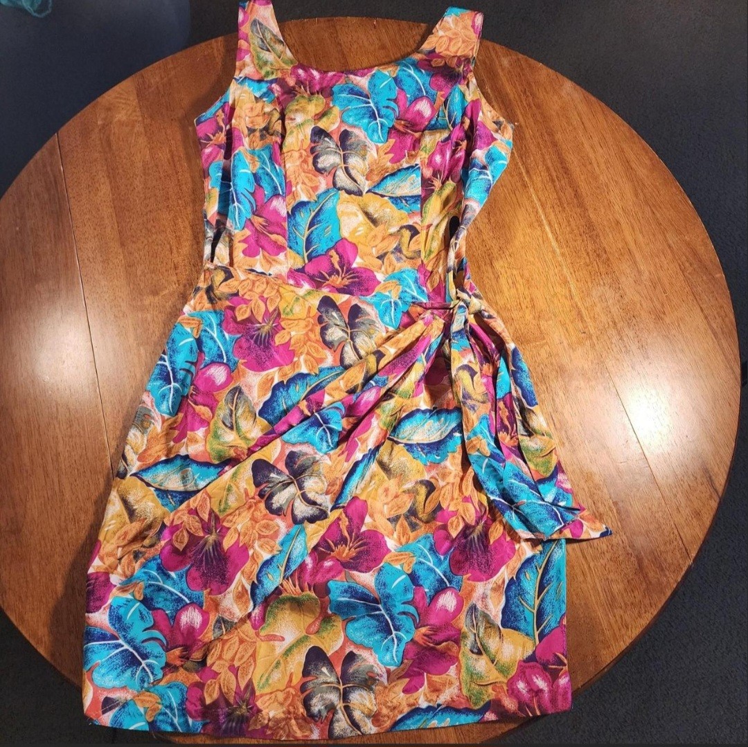 Vtg Madison Wells 90s Multi Silk Tropical Floral Faux Wrap Dress 7/8
