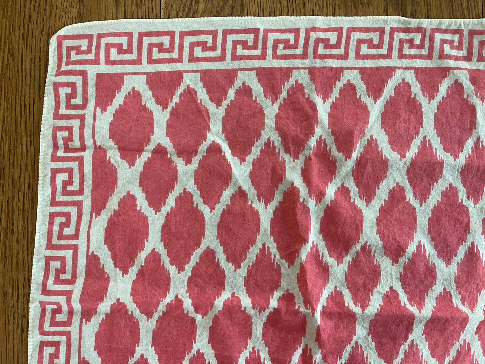 Vintage Coral Pink Cream Bandana Greek Key Diamond Print 19.5”x20.5”
