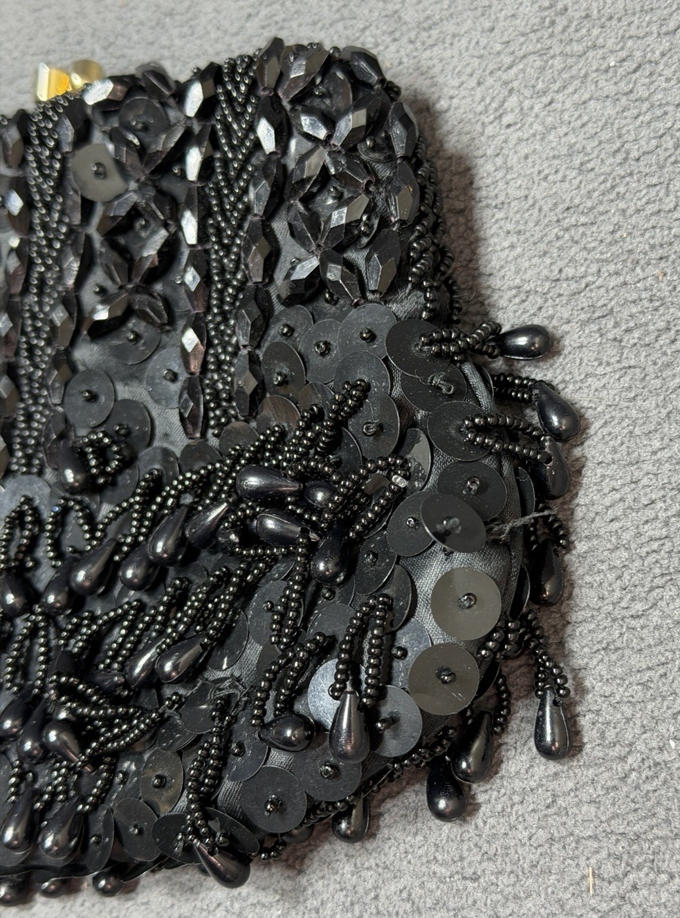 Vintage JEM Sequin Beaded Clutch Purse Black Evening Handbag Snap Hong Kong