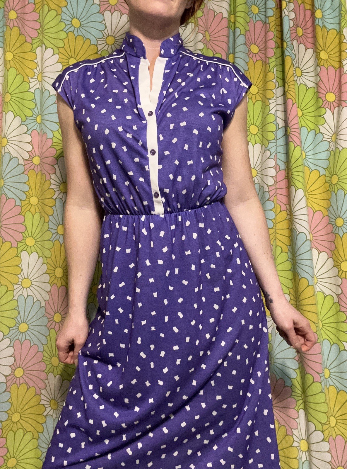Vtg Shirtwaist Midi Day Dress Geo Dot Print Purple Retro Rockabilly Mod UNION MD