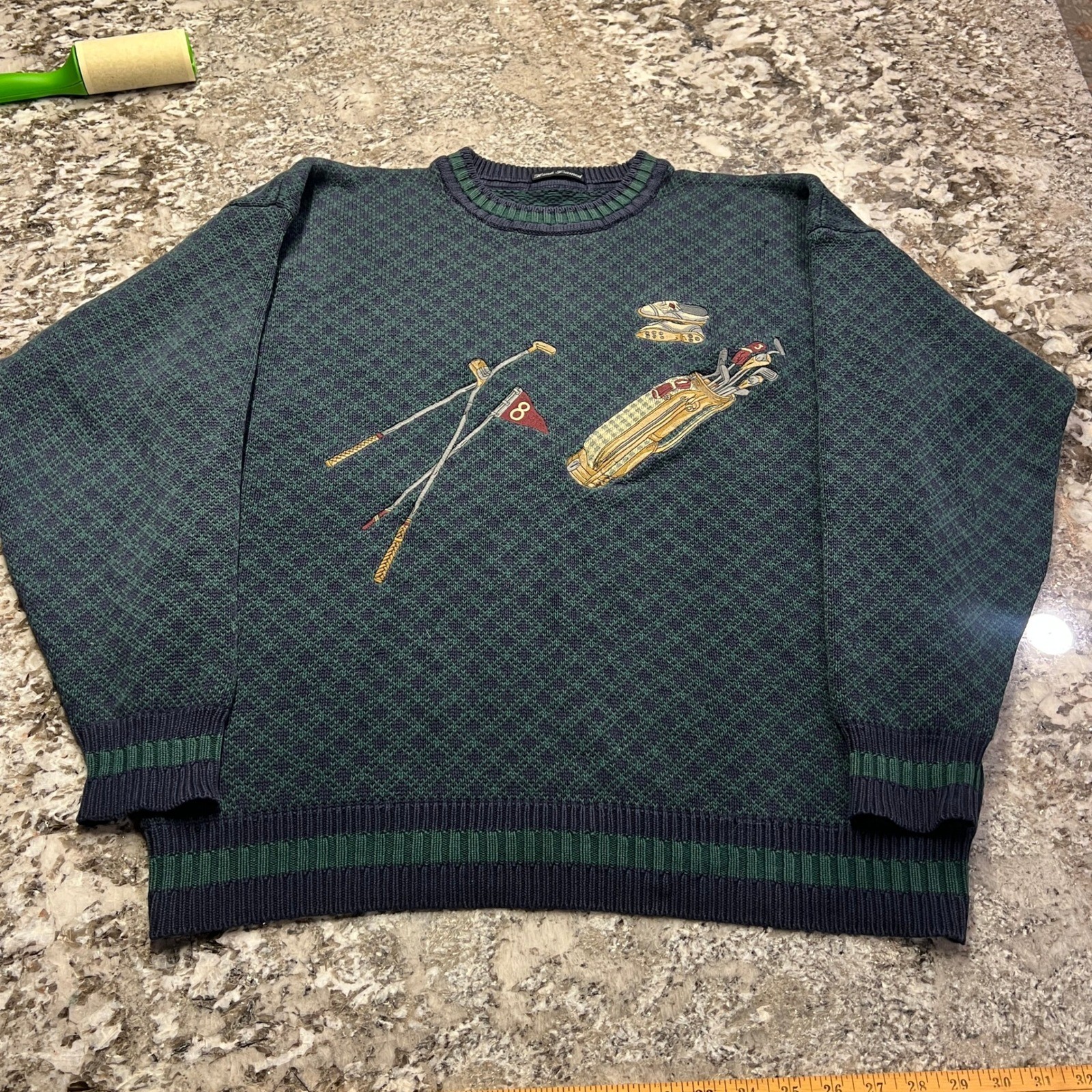 Vintage 1990s Hand Framed Golf Sweater Green Navy Blue Embroidered XL