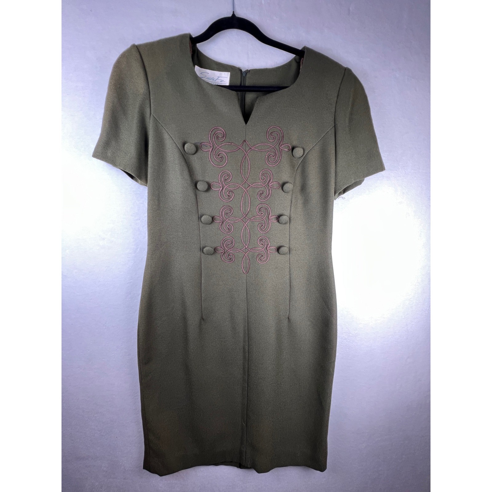 Santa Fe by Jim Tremblay Vintage Olive Green Embroidered Sheath Dress Womens 12
