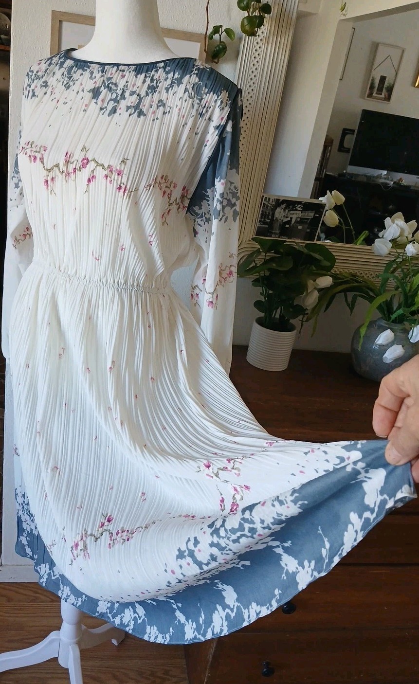 Womens 70s Vintage Small White & blue Cherry Blossom Floral Midi Sheer Dress