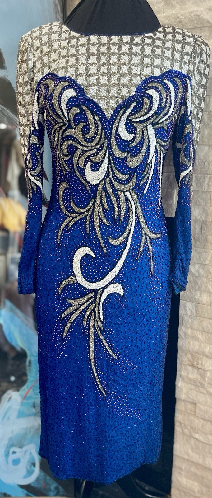 VTG Alisha Silk Beaded MIDI Cocktail Glamor Gown Royal Blue Size Medium Y2K 90s
