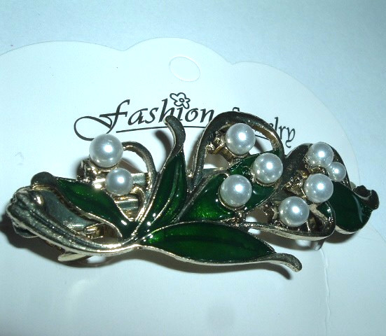 White Pearl and Enamel Lily of the Valley 3″ Hair Barrette New with Tag