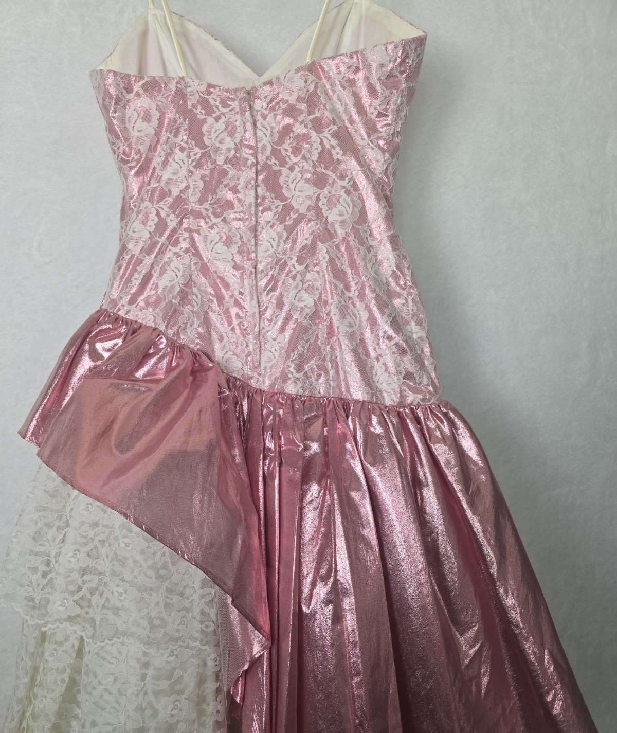Vintage 1980s Prom Dress Sz 12 Champagne Pink Metallic Lace Loralie Elise