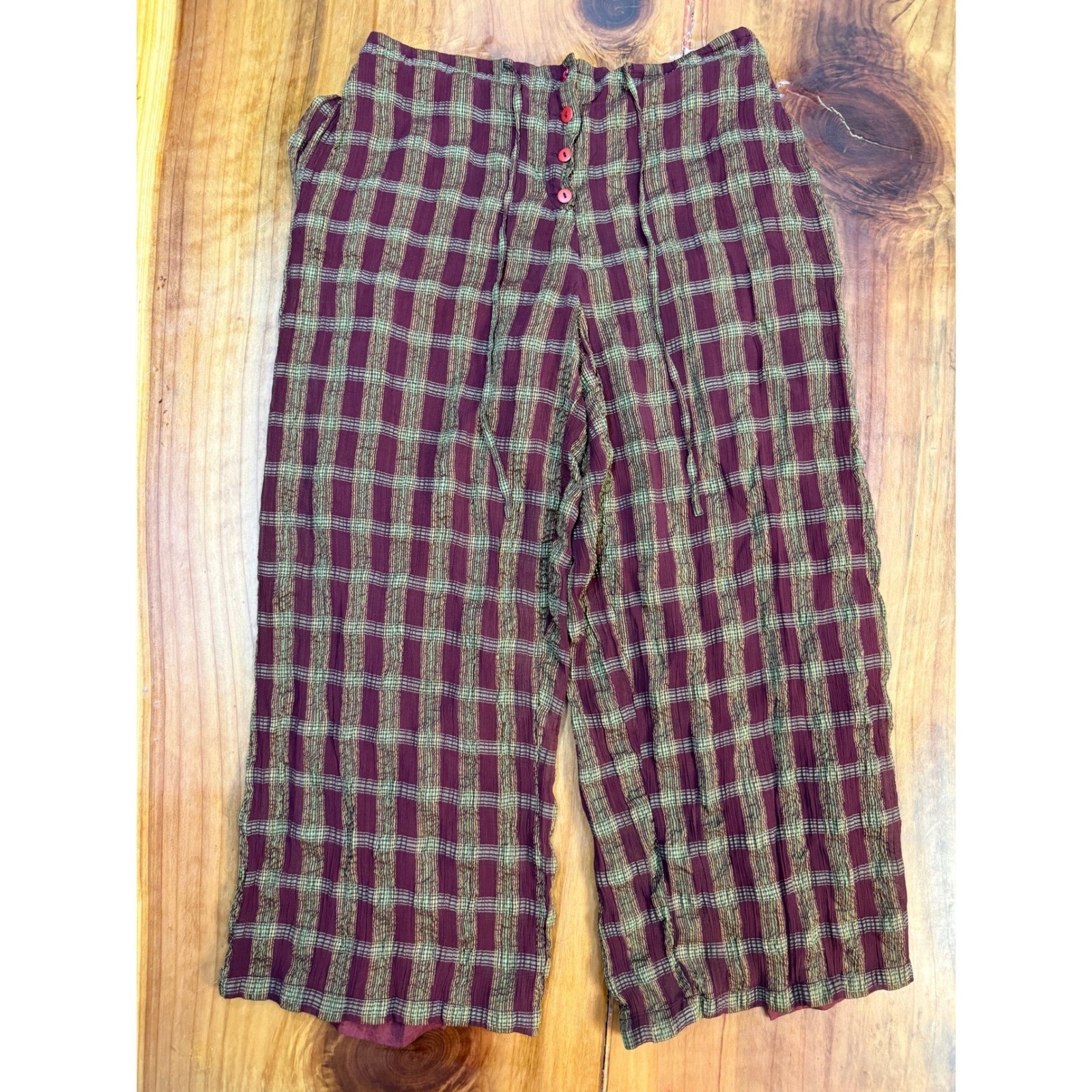 Vintage 90s April Cornell Wide leg pants Shirt Set Medium Rayon Plaid Button C28