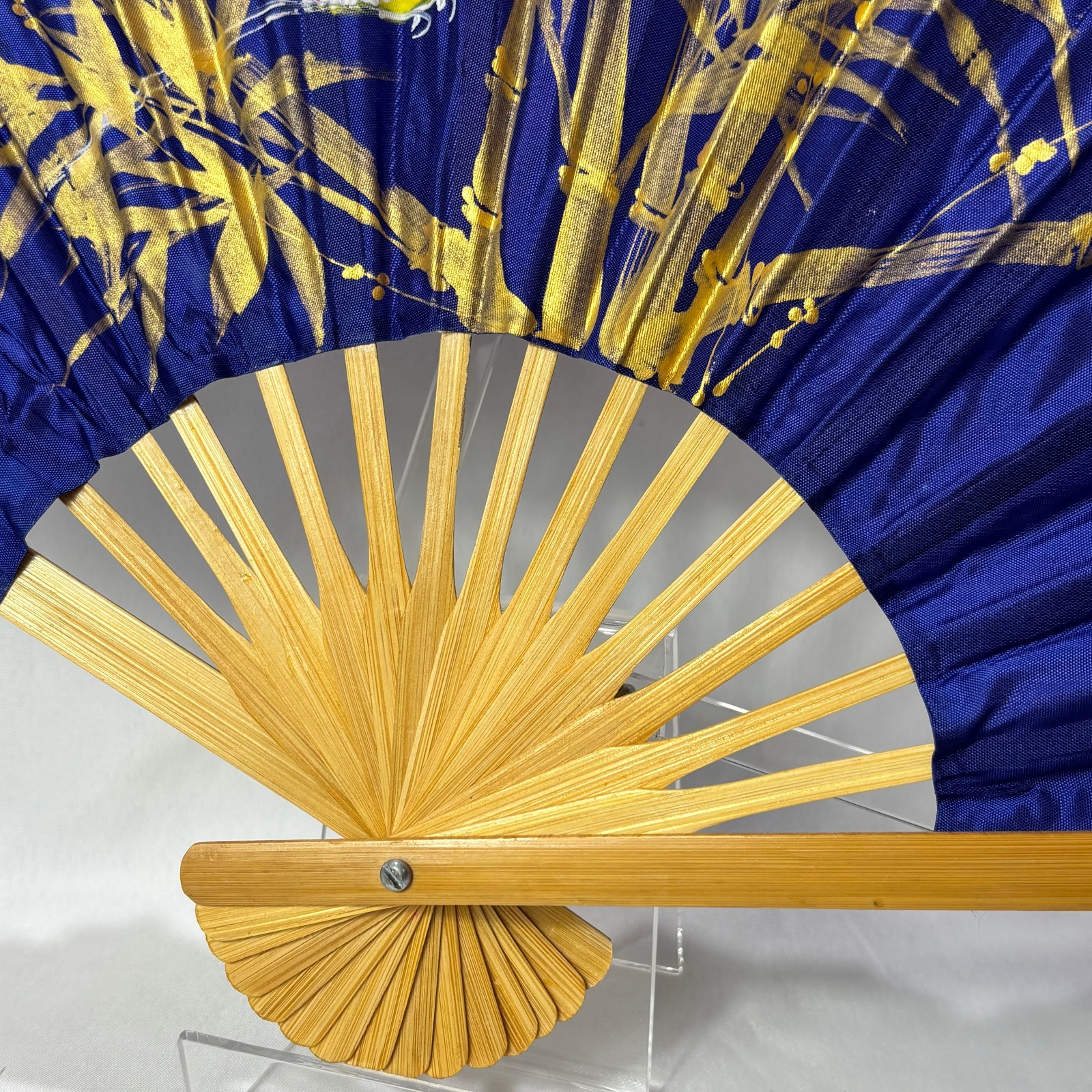 Blue Synthetic Folding Fan Hand Painted Gold Leaves & Bird Bamboo Thailand