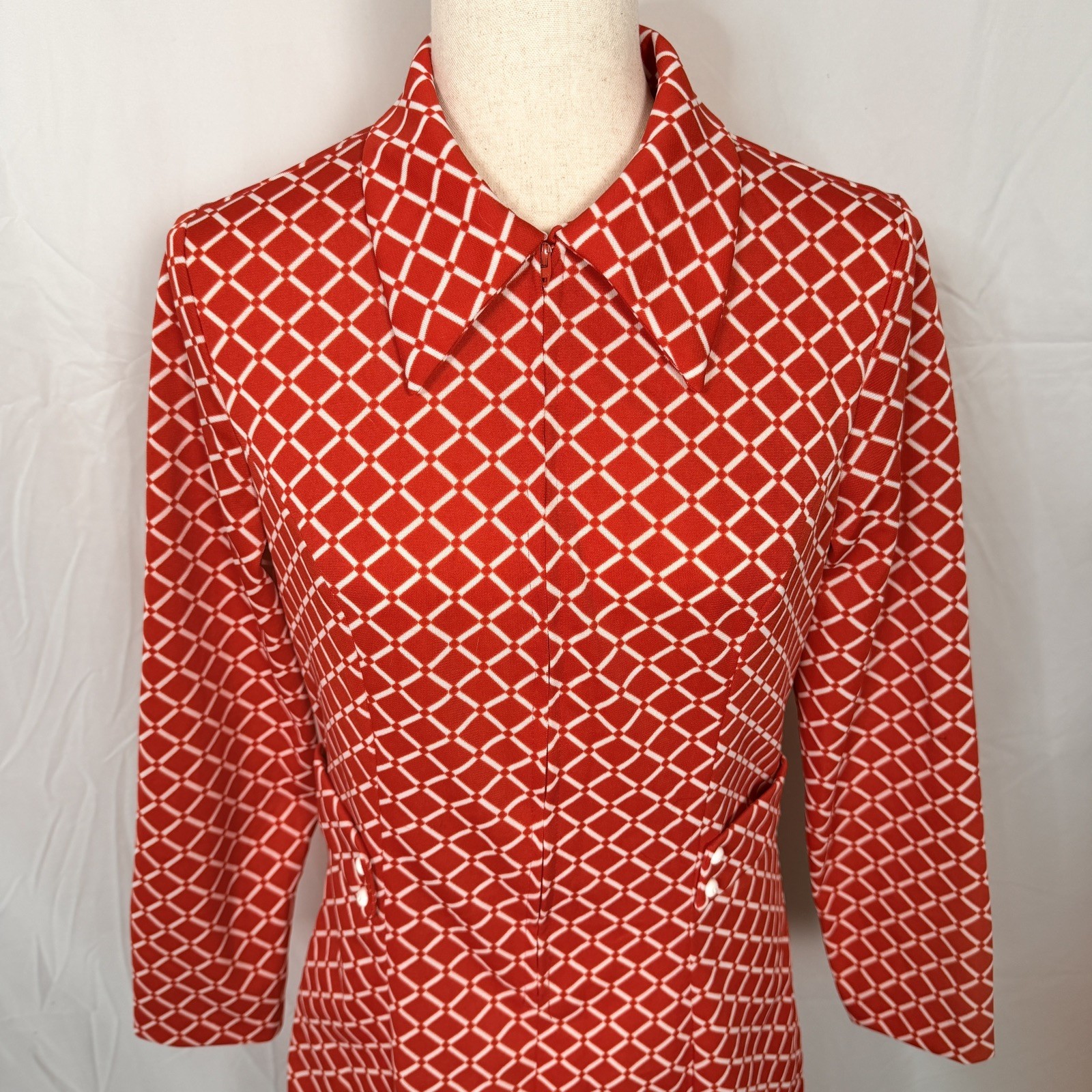 Rare Vintage Red Geometric Long-Sleeve Dress 70s Retro Mod