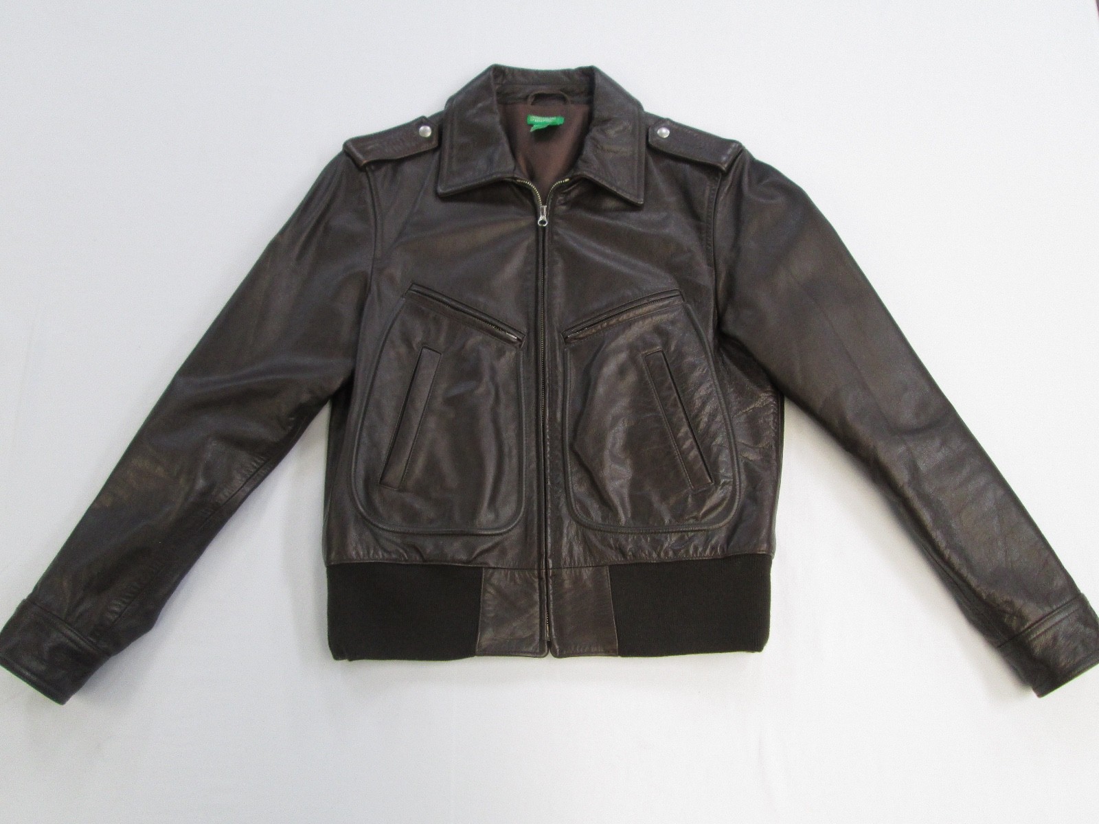 Vintage benetton Brown leather Bomber Biker Cafe A2 Style Jacket sz S Excellent!