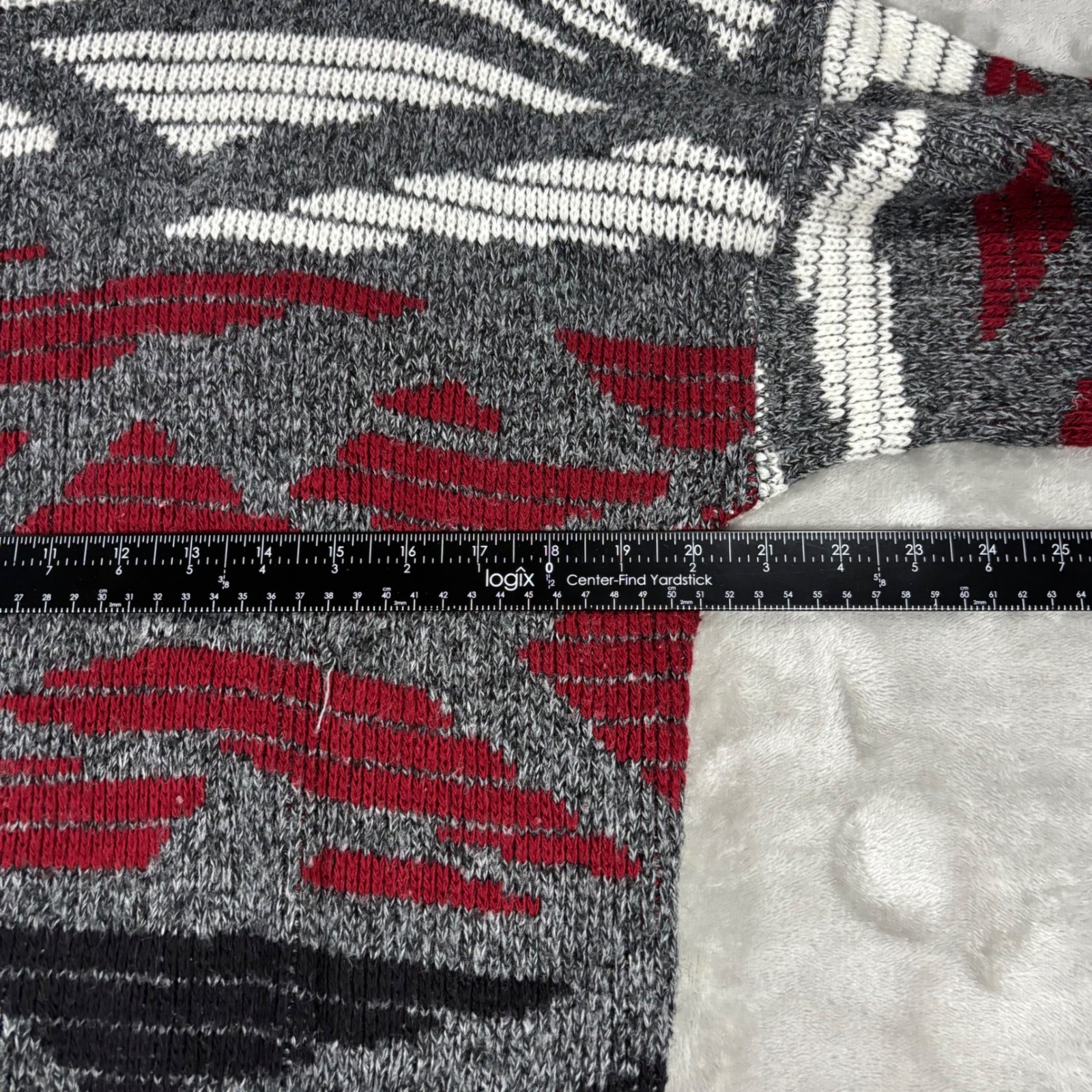 Vintage Edison Knitwear Mens Abstract Geometric Crewneck Sweater Grey Red USA
