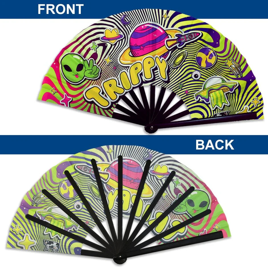 Trippy Large Handheld Fan UFO Alien Raves Music Concert Folding Hand Fan