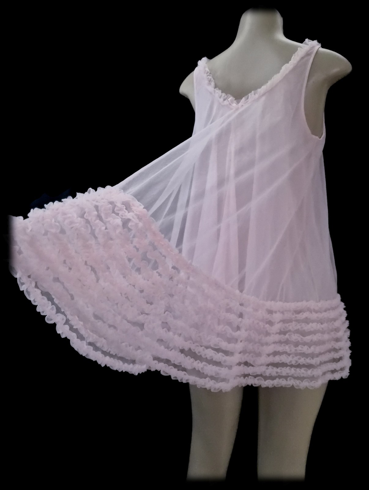 60s Vintage ENGLAND Sheer CHIFFON Pink NYLON Babydoll Dress POOFY Bows Lace M/L
