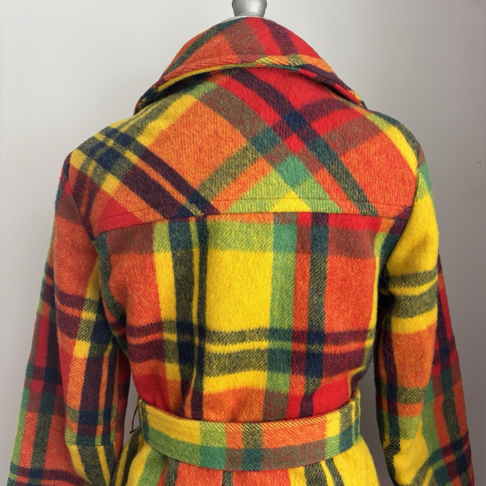 Vintage 1970’s Rainbow Plaid Belted Wool Coat w/ pockets Size XS