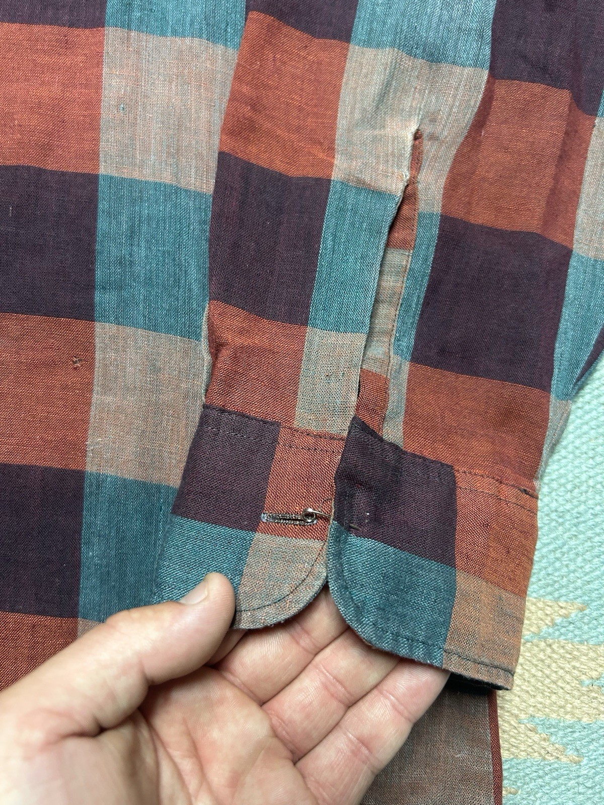 Vintage 60s long sleeve button shirt loop collar plaid poly cotton distressed XL