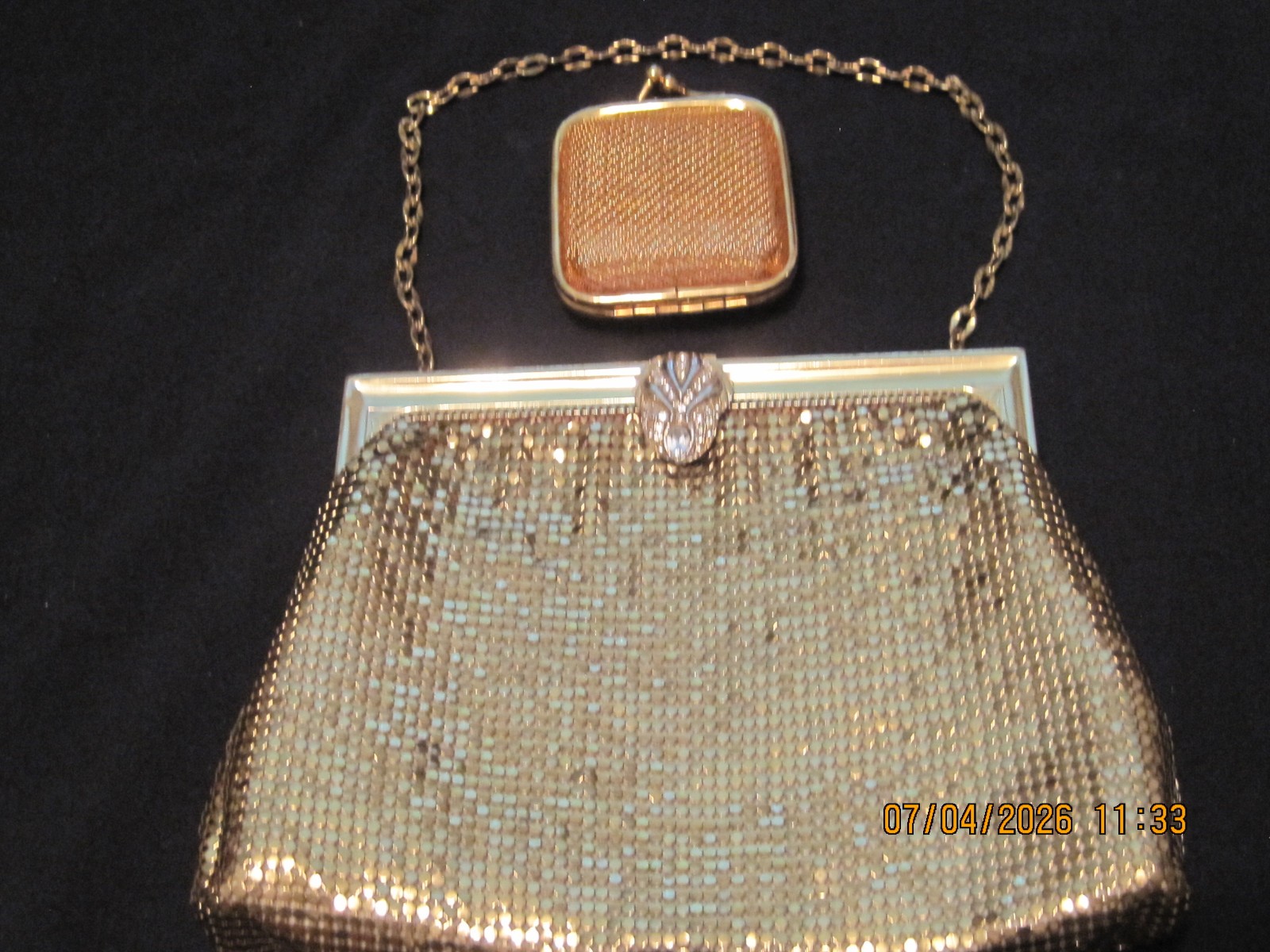 Whiting & Davis Goldtone mesh bag with rhinestone clasp & Wire mesh cage coin