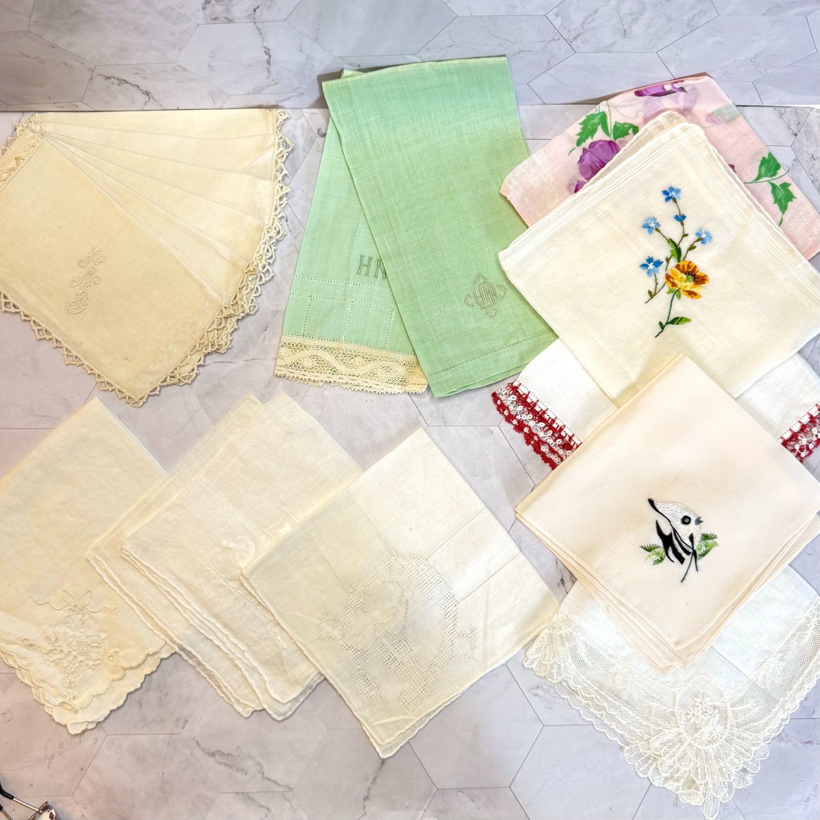 Vintage Handkerchiefs Lot of 18 Hankies Cotton Linen Monogram Embroidered