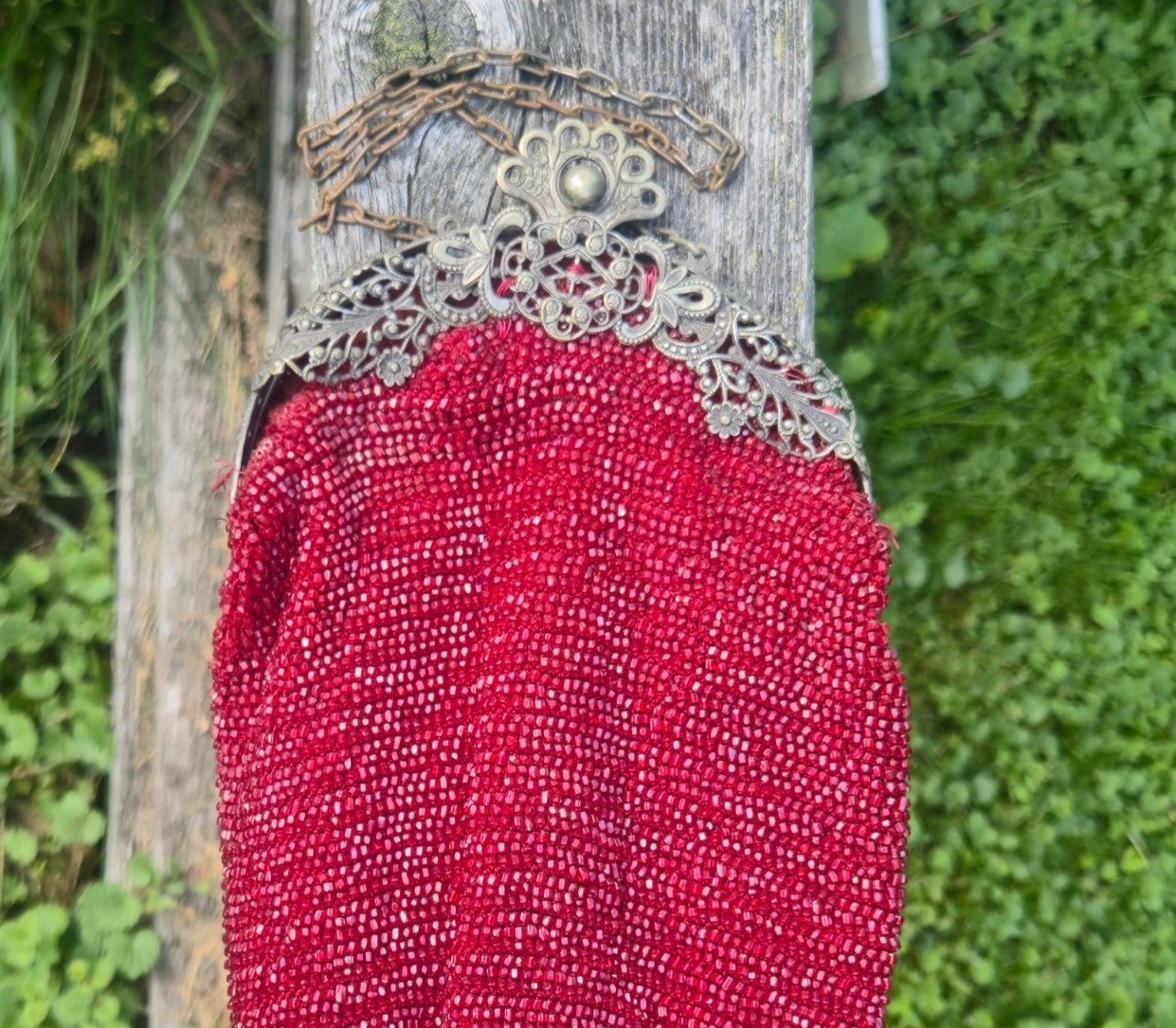 Antique Red Beaded Pouch Purse Ornate Brass Filigree Kiss Lock Reticule Tassel B