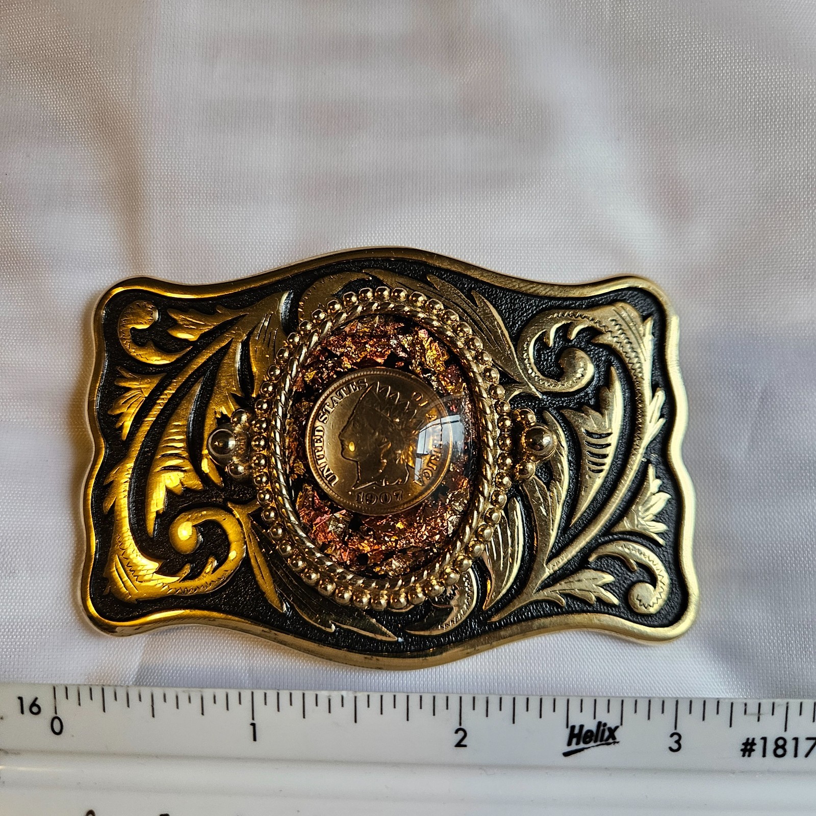 1907 Indian Head Penny Belt Buckle gold tone copper flecks and resin