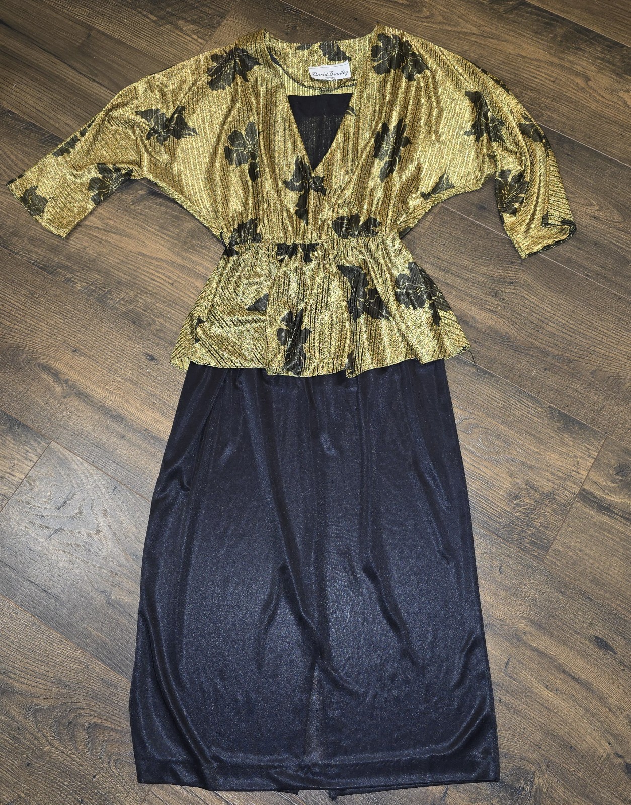 Vintage 80s Gold Metallic Peplum Wrap Back Dress David Bradley Small Glam Rock