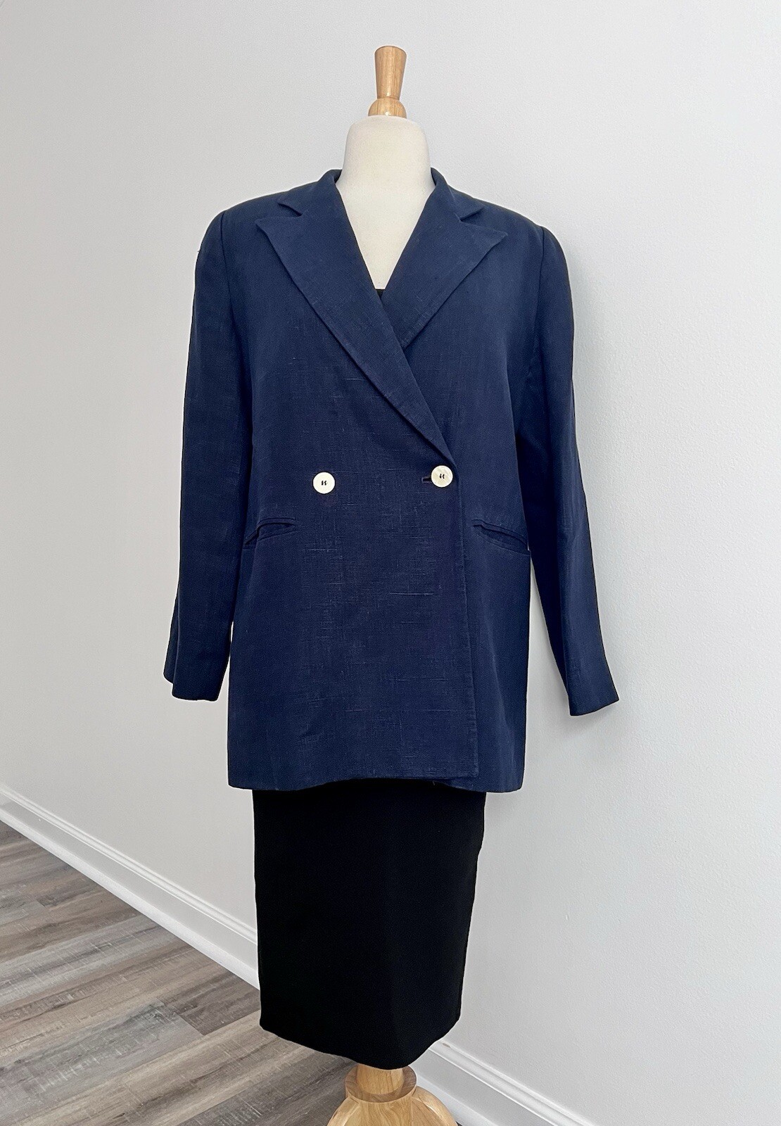 Womens Navy Blue Harvé Benard Lined Linen Blazer Jacket Size M Vintage